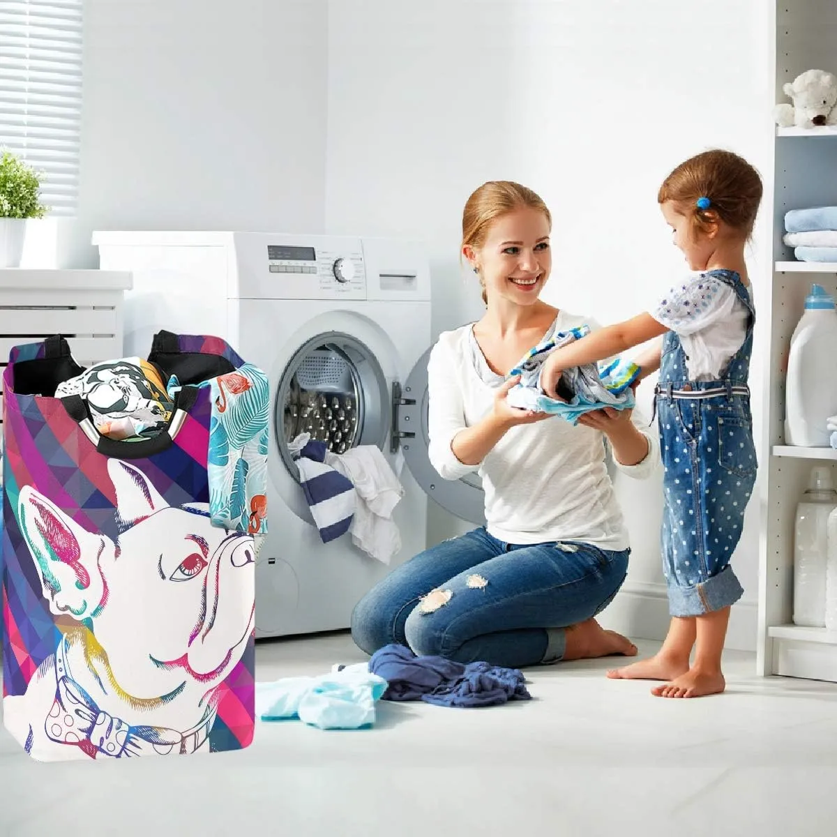 visesunny Collapsible Laundry Basket French Bulldog Snowflake Stripe Animal Large Laundry Hamper with Handle Toys and Clothing Organization for Bathroom, Bedroom, Home, Dorm, Travel