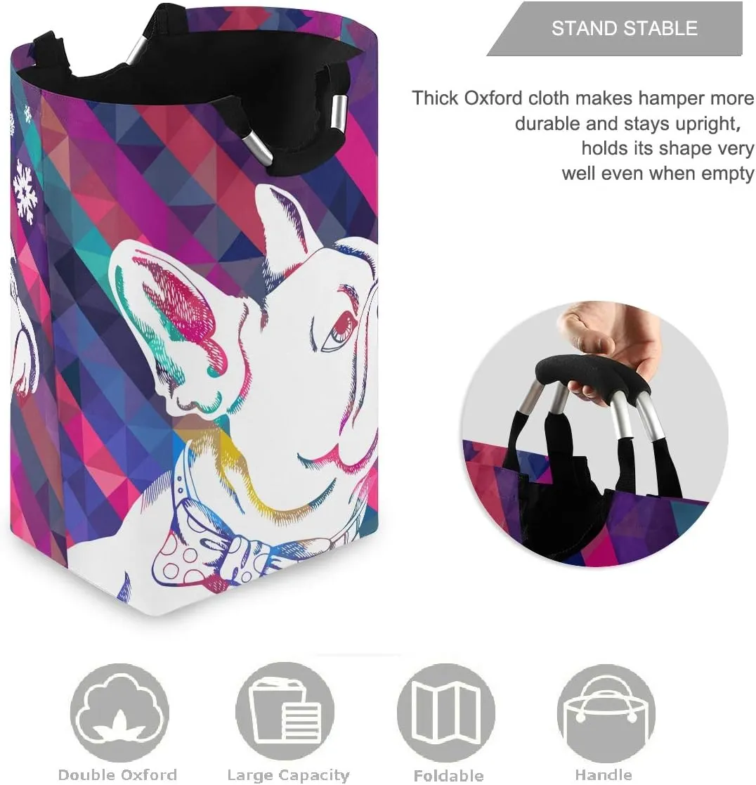 visesunny Collapsible Laundry Basket French Bulldog Snowflake Stripe Animal Large Laundry Hamper with Handle Toys and Clothing Organization for Bathroom, Bedroom, Home, Dorm, Travel