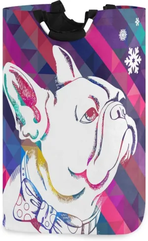 visesunny Collapsible Laundry Basket French Bulldog Snowflake Stripe Animal Large Laundry Hamper with Handle Toys and Clothing Organization for Bathroom, Bedroom, Home, Dorm, Travel