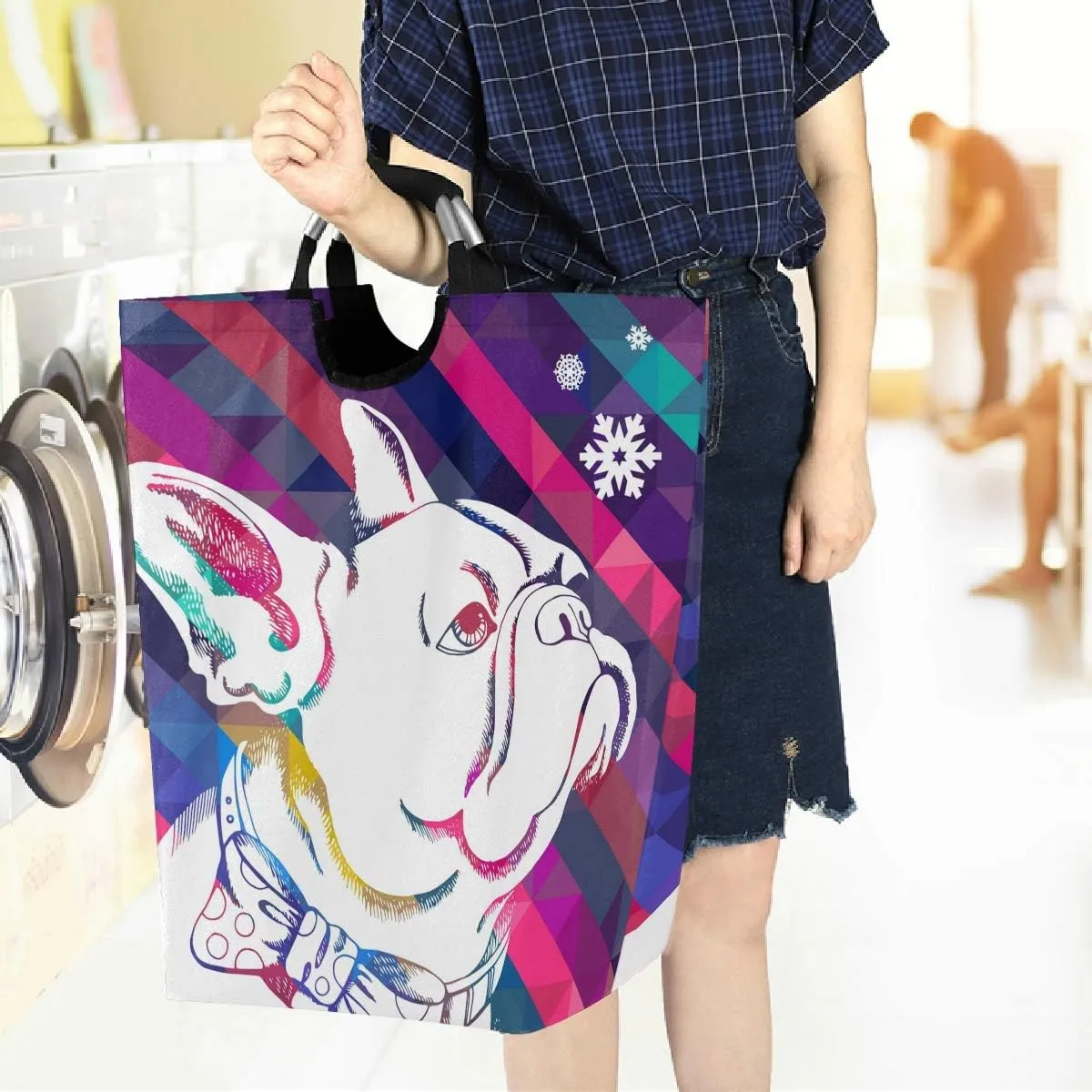 visesunny Collapsible Laundry Basket French Bulldog Snowflake Stripe Animal Large Laundry Hamper with Handle Toys and Clothing Organization for Bathroom, Bedroom, Home, Dorm, Travel