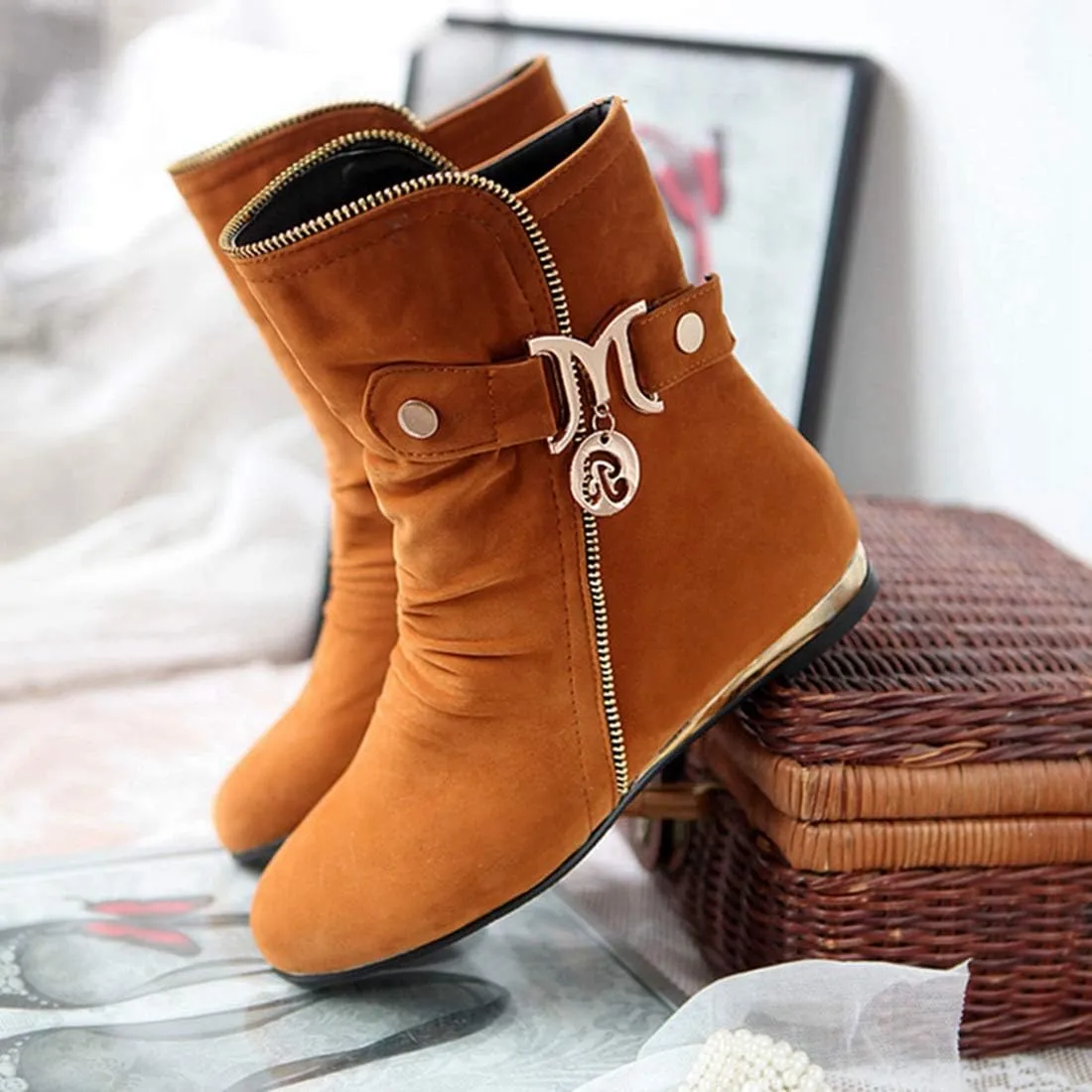 VOKLIN Women's Winter Metallic Slouch Ankle Boots Suede Quilted Zipper Flat Dressy Booties Dressy Short Boot