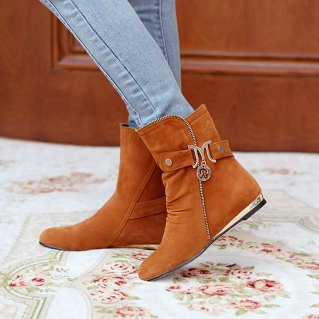 VOKLIN Women's Winter Metallic Slouch Ankle Boots Suede Quilted Zipper Flat Dressy Booties Dressy Short Boot