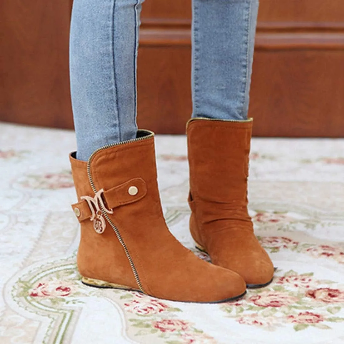 VOKLIN Women's Winter Metallic Slouch Ankle Boots Suede Quilted Zipper Flat Dressy Booties Dressy Short Boot