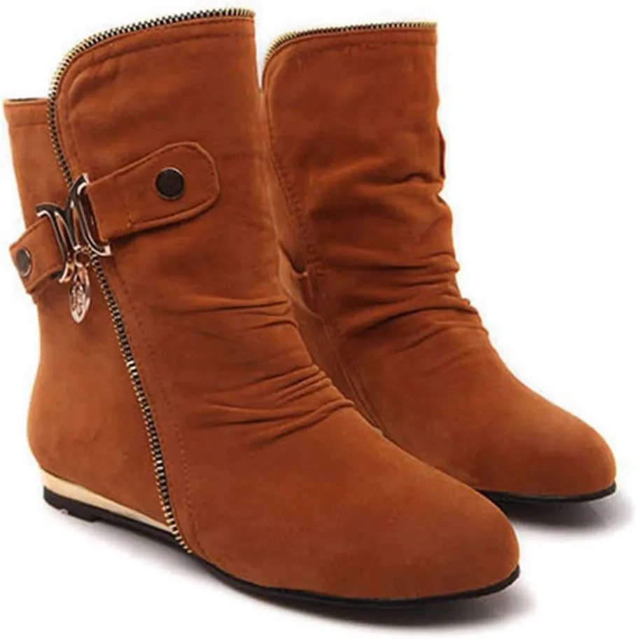 VOKLIN Women's Winter Metallic Slouch Ankle Boots Suede Quilted Zipper Flat Dressy Booties Dressy Short Boot