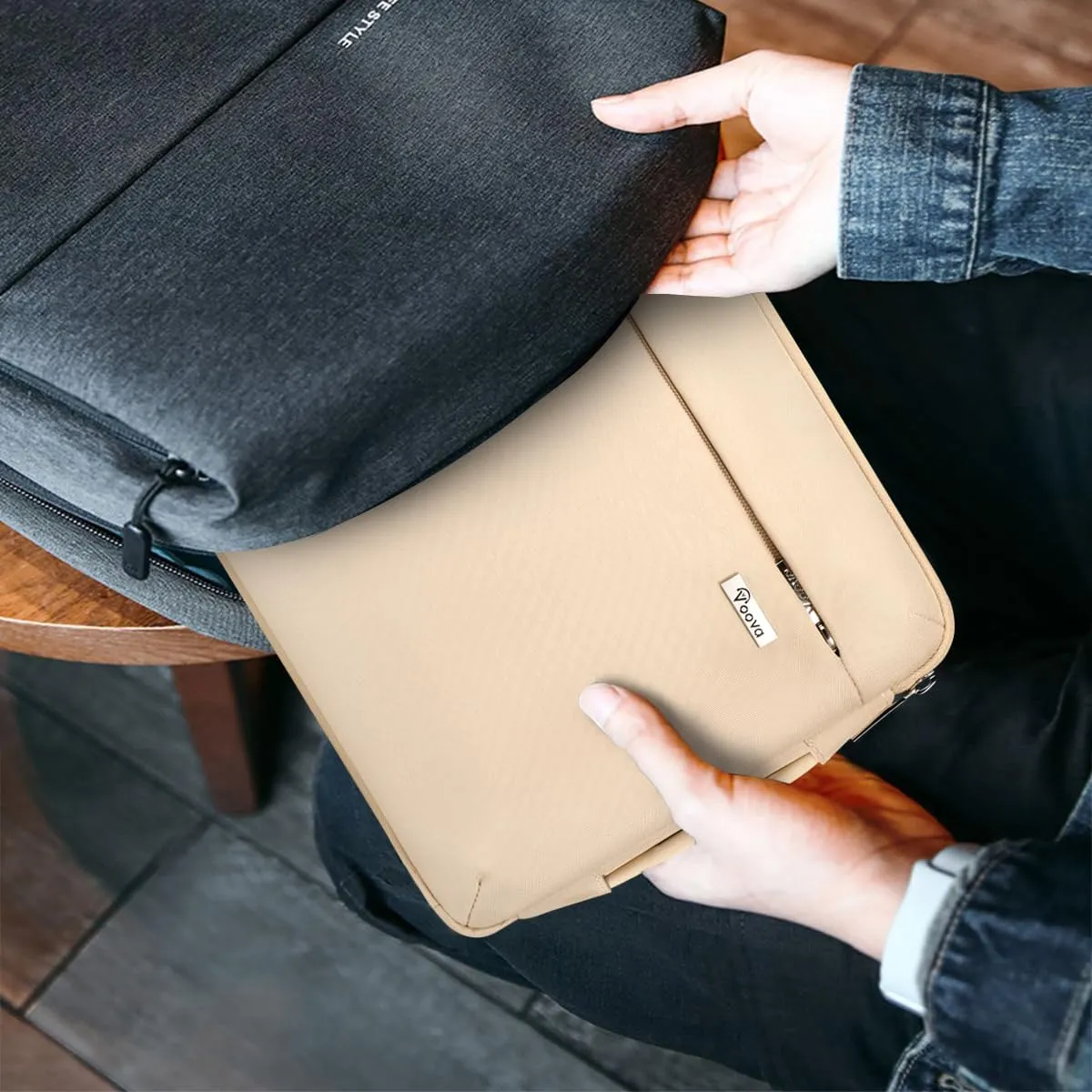 Voova Laptop Sleeve Case 14 15 Inch with Handle, 360° Protective Waterproof Slim Computer Bag Cover Compatible with MacBook Air 15 M2/M3/M4 2024-2025, MacBook Pro 14/15, Hp Chromebook 14, Beige