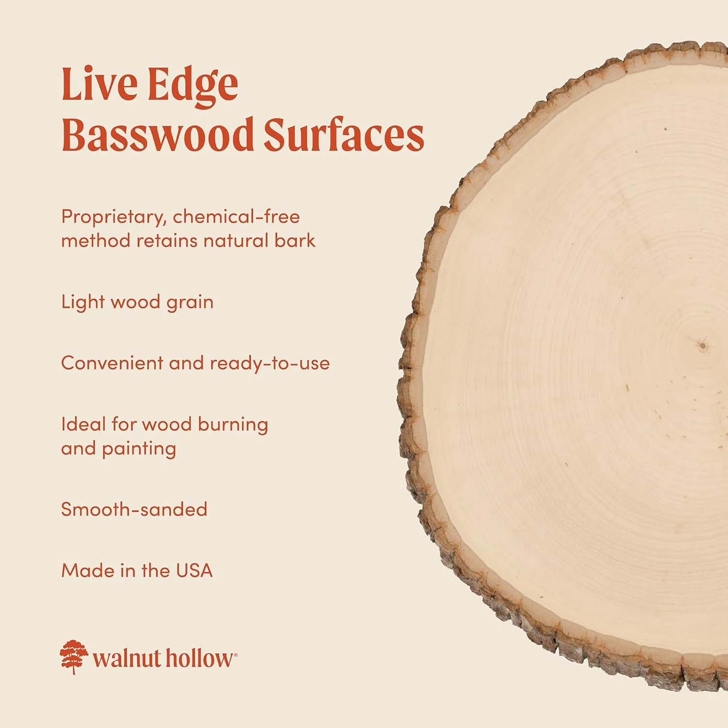 Walnut Hollow Rustic Basswood Round, Medium 7-9" Wide with Live Edge Wood (Pack of 6) - for Wood Burning, Home Décor, and Rustic Weddings