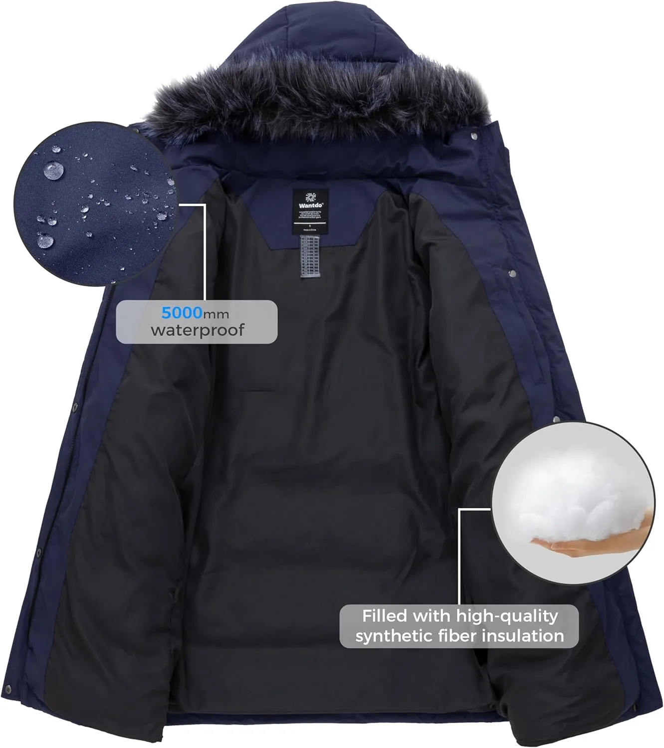 wantdo Women's Waterproof Winter Coat Warm Long Puffer Jackets with Faux Fur Hood Thicken Parka