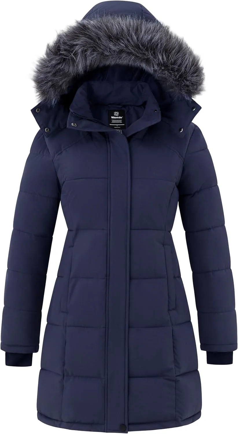 wantdo Women's Waterproof Winter Coat Warm Long Puffer Jackets with Faux Fur Hood Thicken Parka
