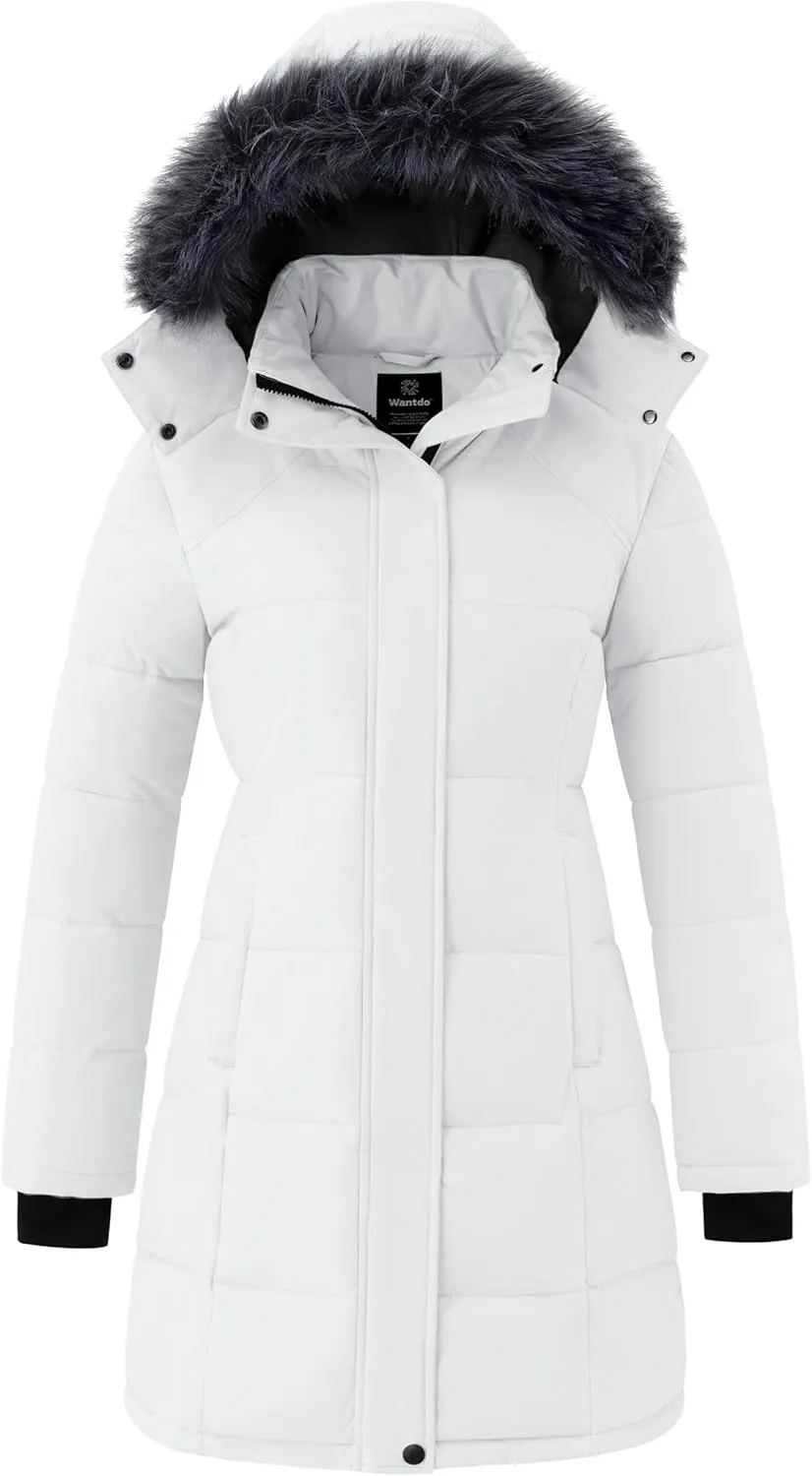 wantdo Women's Waterproof Winter Coat Warm Long Puffer Jackets with Faux Fur Hood Thicken Parka