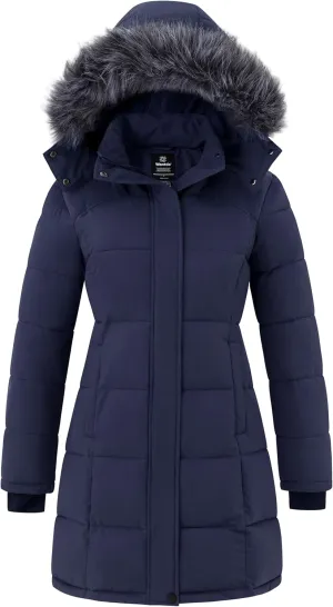 wantdo Women's Waterproof Winter Coat Warm Long Puffer Jackets with Faux Fur Hood Thicken Parka