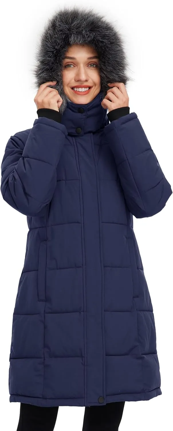 wantdo Women's Waterproof Winter Coat Warm Long Puffer Jackets with Faux Fur Hood Thicken Parka