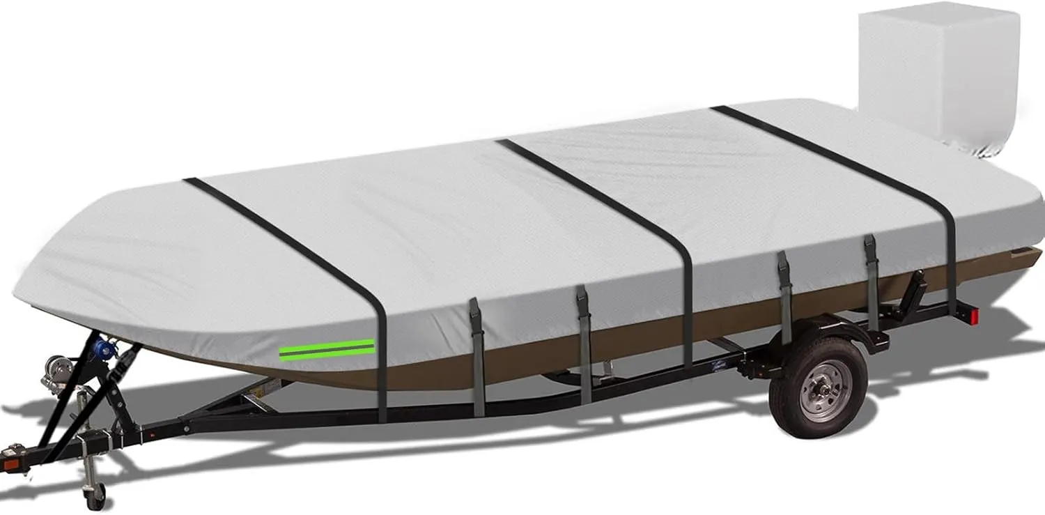 Waterproof Jon Boat Cover, 16-18ft Trailerable 600D Heavy Duty Marine Grade Oxford Cloth, Weather Resistant Windproof UV & Tear-Resistant Boat Covers with Motor Cover