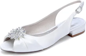 Wedding Dress Shoes Womens Slip on Low Heel Peep Toe Slingback Bridal Shoes Satin Flat Rhinestones Sandals with Pleated Evenging Party Work