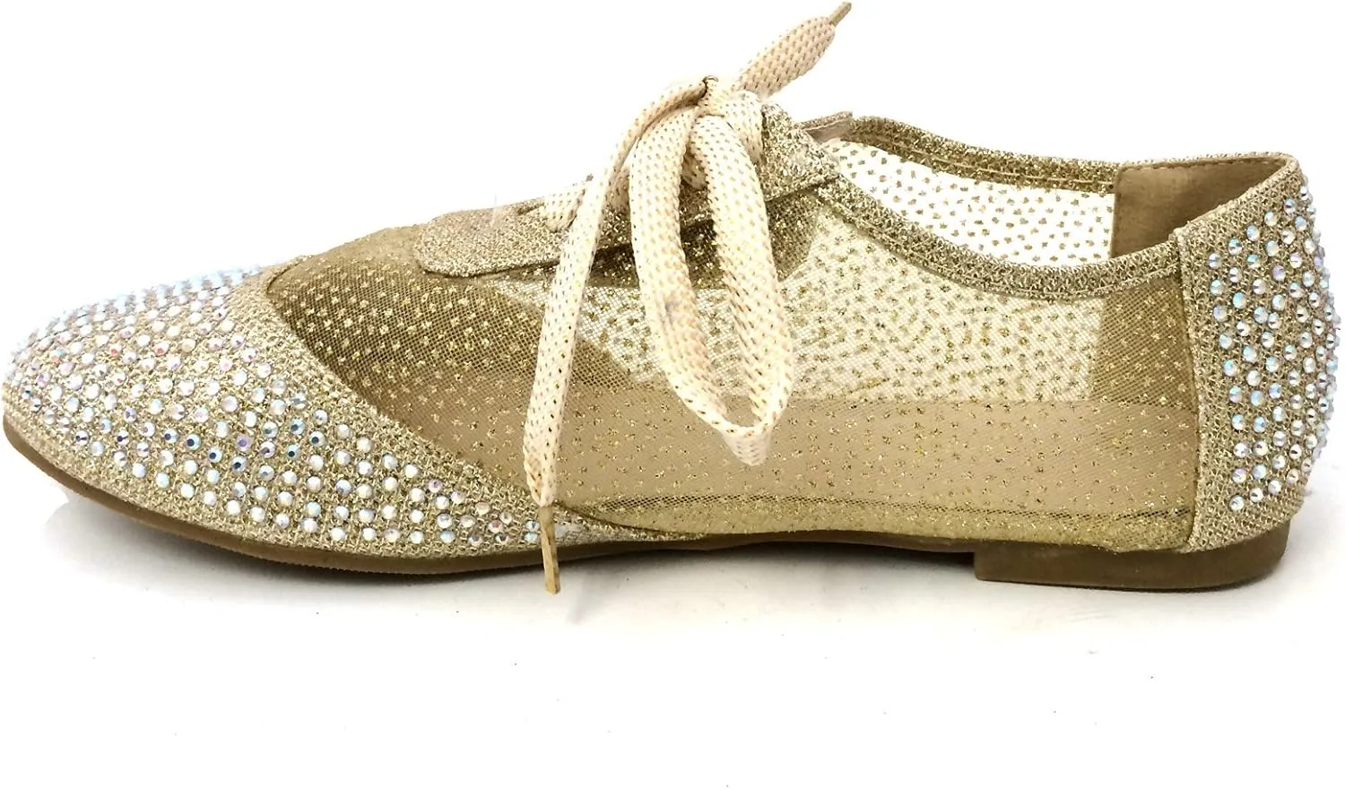 Wen-01 Women's Oxfords Shoes Rhinestones Lace Up Mesh Detail Lace Flats Casual Bootie, Black, Gold, Silver
