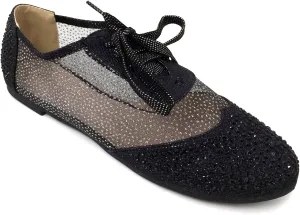 Wen-01 Women's Oxfords Shoes Rhinestones Lace Up Mesh Detail Lace Flats Casual Bootie, Black, Gold, Silver
