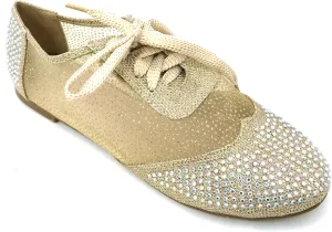 Wen-01 Women's Oxfords Shoes Rhinestones Lace Up Mesh Detail Lace Flats Casual Bootie, Black, Gold, Silver