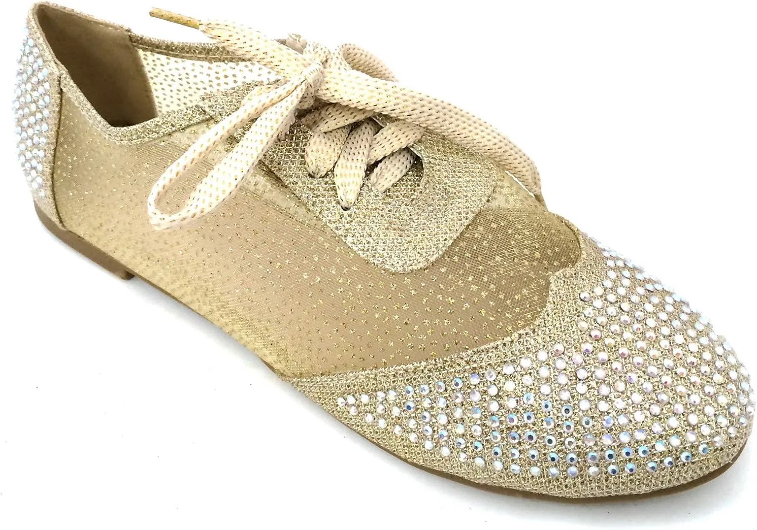 Wen-01 Women's Oxfords Shoes Rhinestones Lace Up Mesh Detail Lace Flats Casual Bootie, Black, Gold, Silver