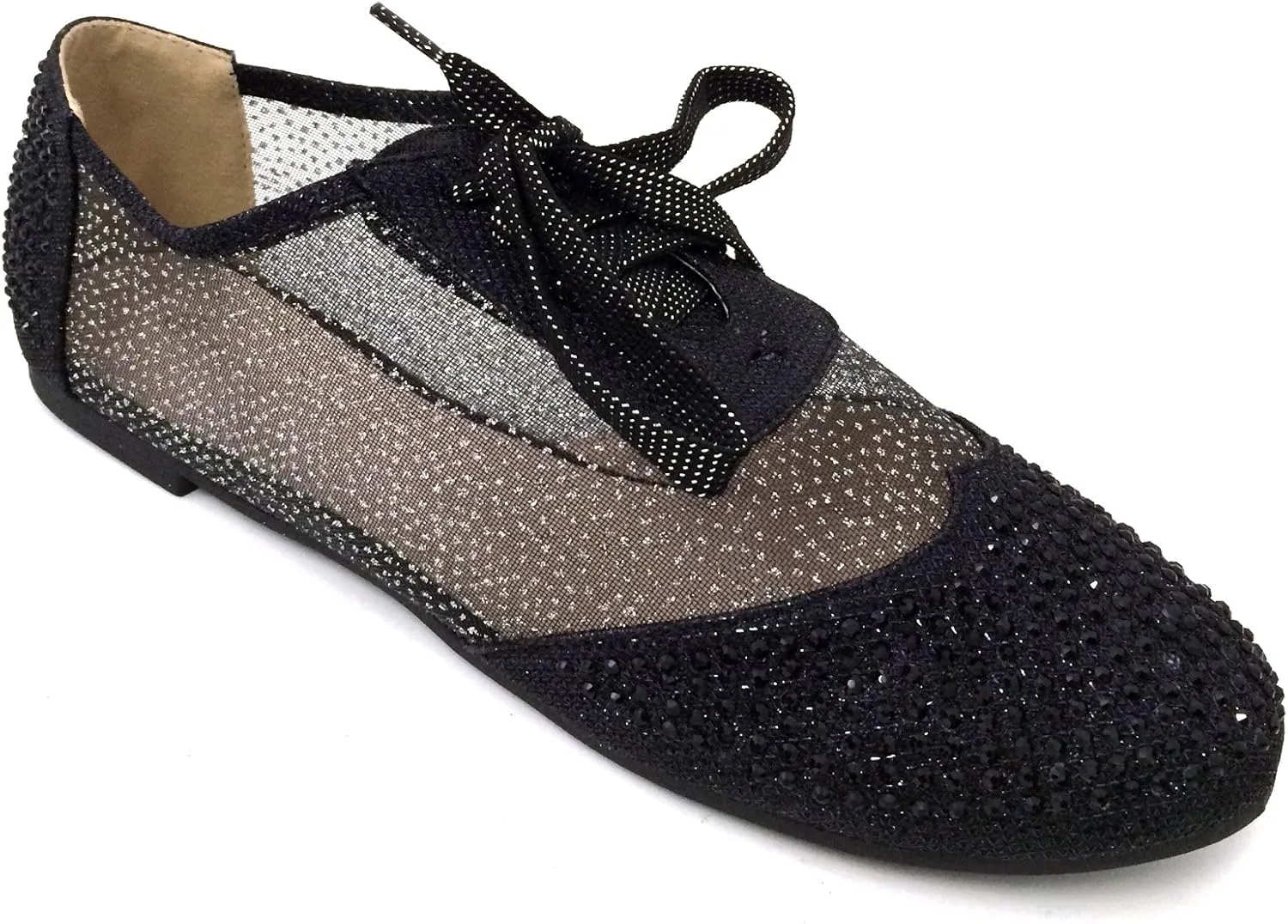 Wen-01 Women's Oxfords Shoes Rhinestones Lace Up Mesh Detail Lace Flats Casual Bootie, Black, Gold, Silver