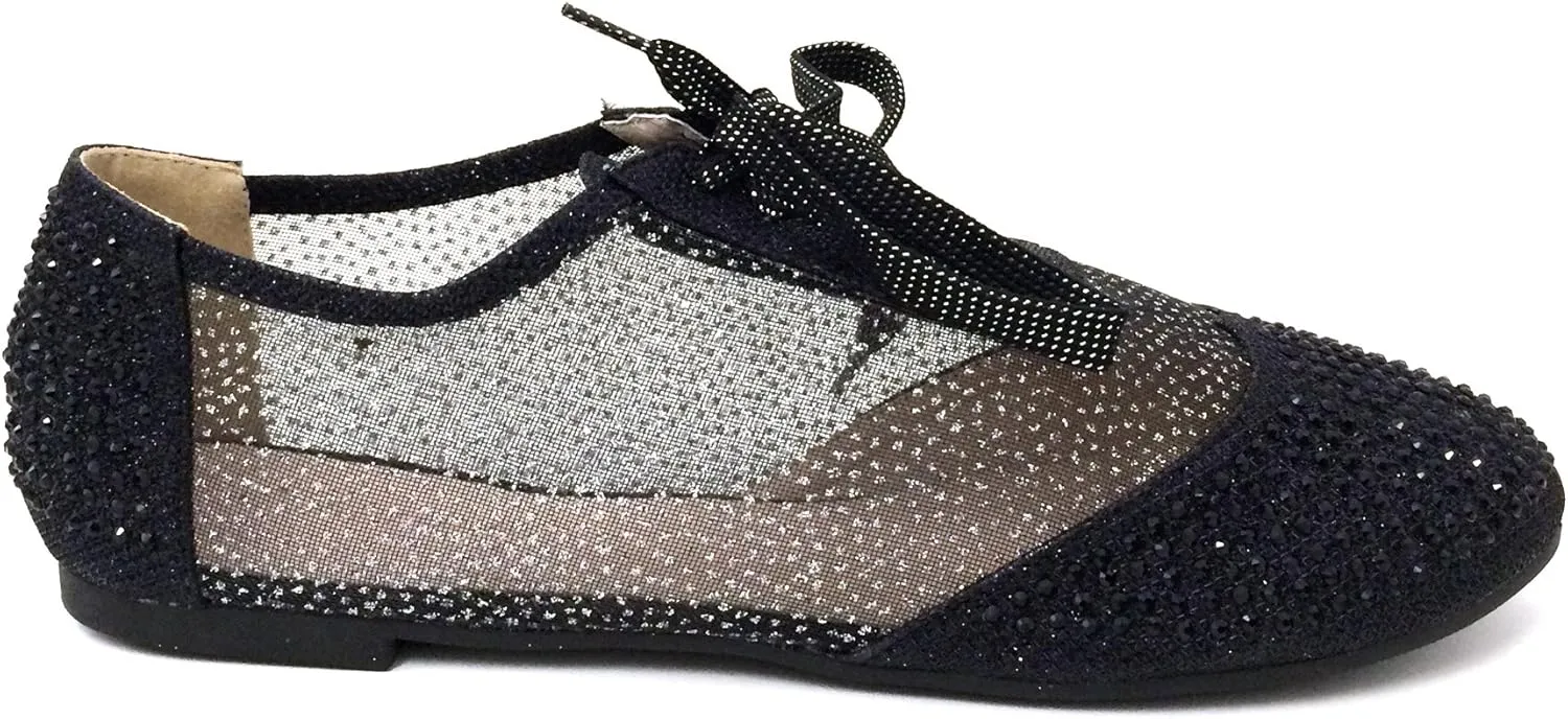 Wen-01 Women's Oxfords Shoes Rhinestones Lace Up Mesh Detail Lace Flats Casual Bootie, Black, Gold, Silver