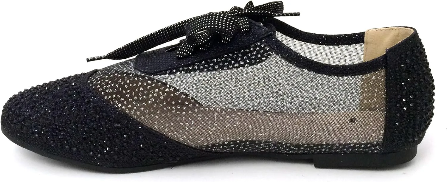 Wen-01 Women's Oxfords Shoes Rhinestones Lace Up Mesh Detail Lace Flats Casual Bootie, Black, Gold, Silver