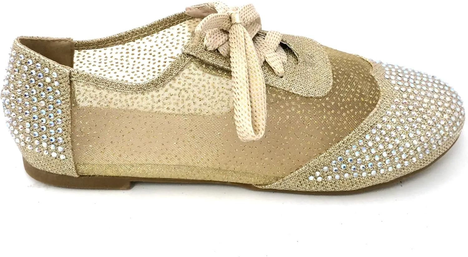 Wen-01 Women's Oxfords Shoes Rhinestones Lace Up Mesh Detail Lace Flats Casual Bootie, Black, Gold, Silver