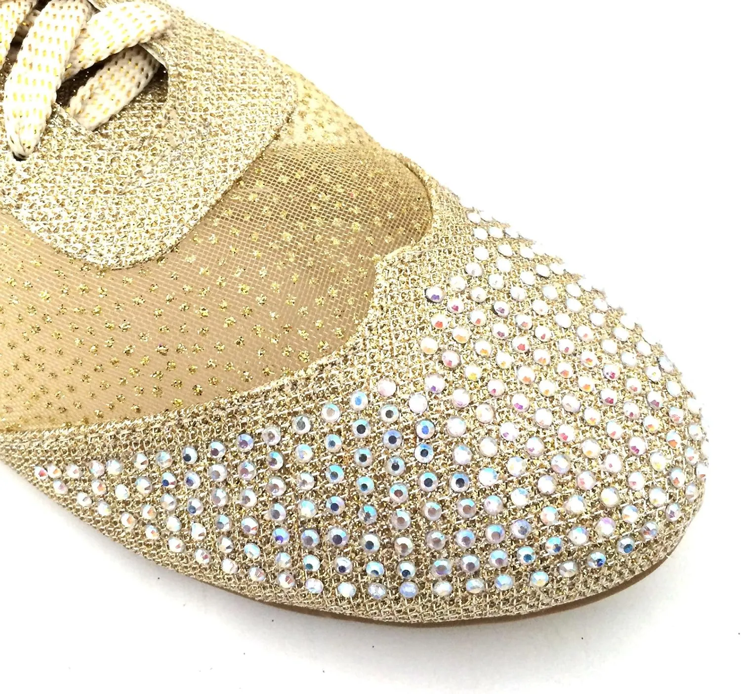 Wen-01 Women's Oxfords Shoes Rhinestones Lace Up Mesh Detail Lace Flats Casual Bootie, Black, Gold, Silver