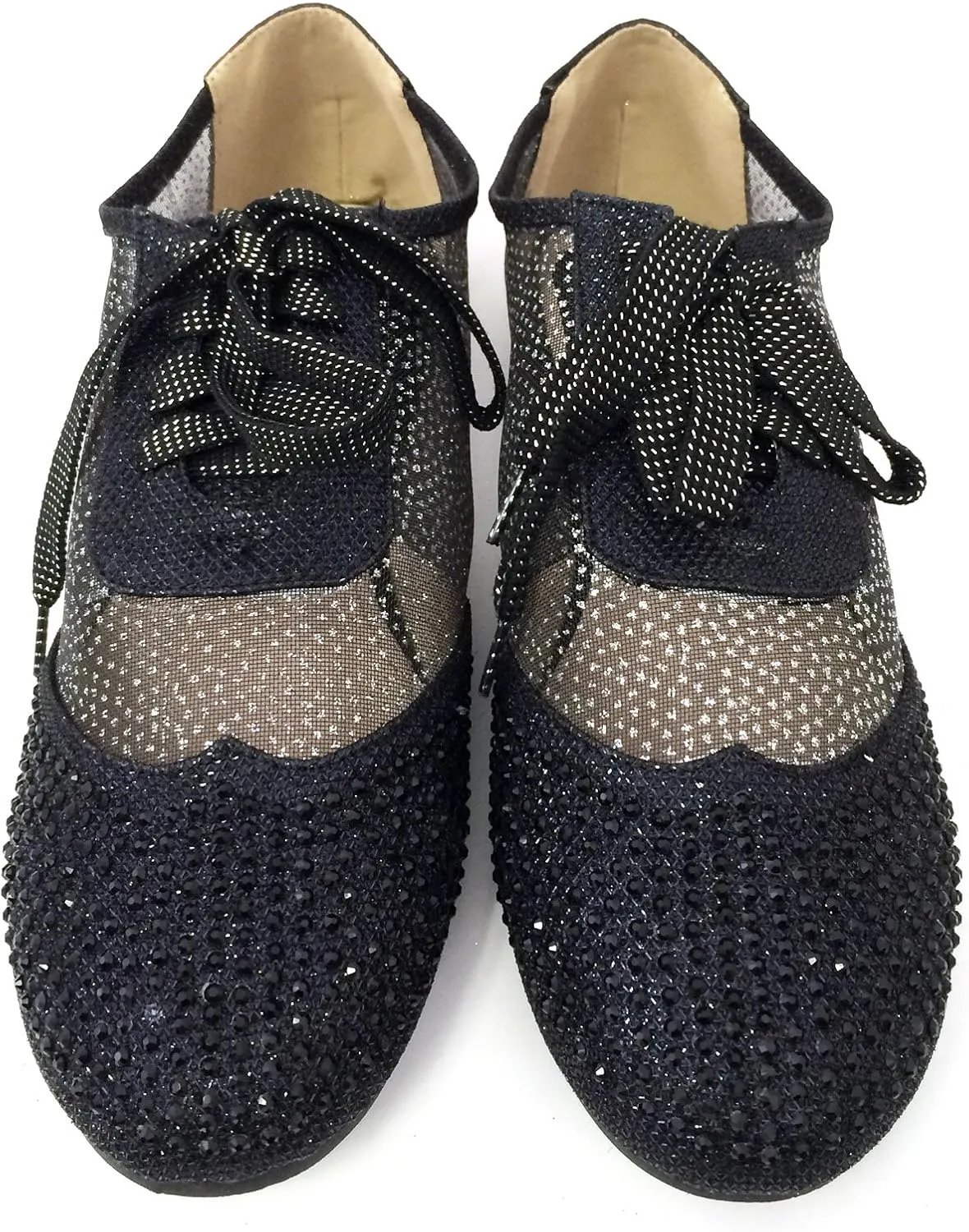 Wen-01 Women's Oxfords Shoes Rhinestones Lace Up Mesh Detail Lace Flats Casual Bootie, Black, Gold, Silver