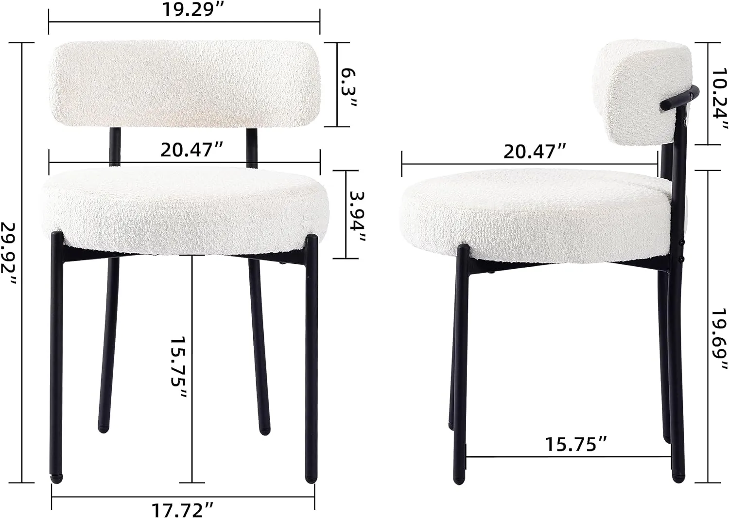 White Boucle Dining Chairs Set of 2,Upholstered Kitchen Dining Room Chairs, Mid-Century Modern Curved Backrest Chairs for Dining Room with Black Metal Legs