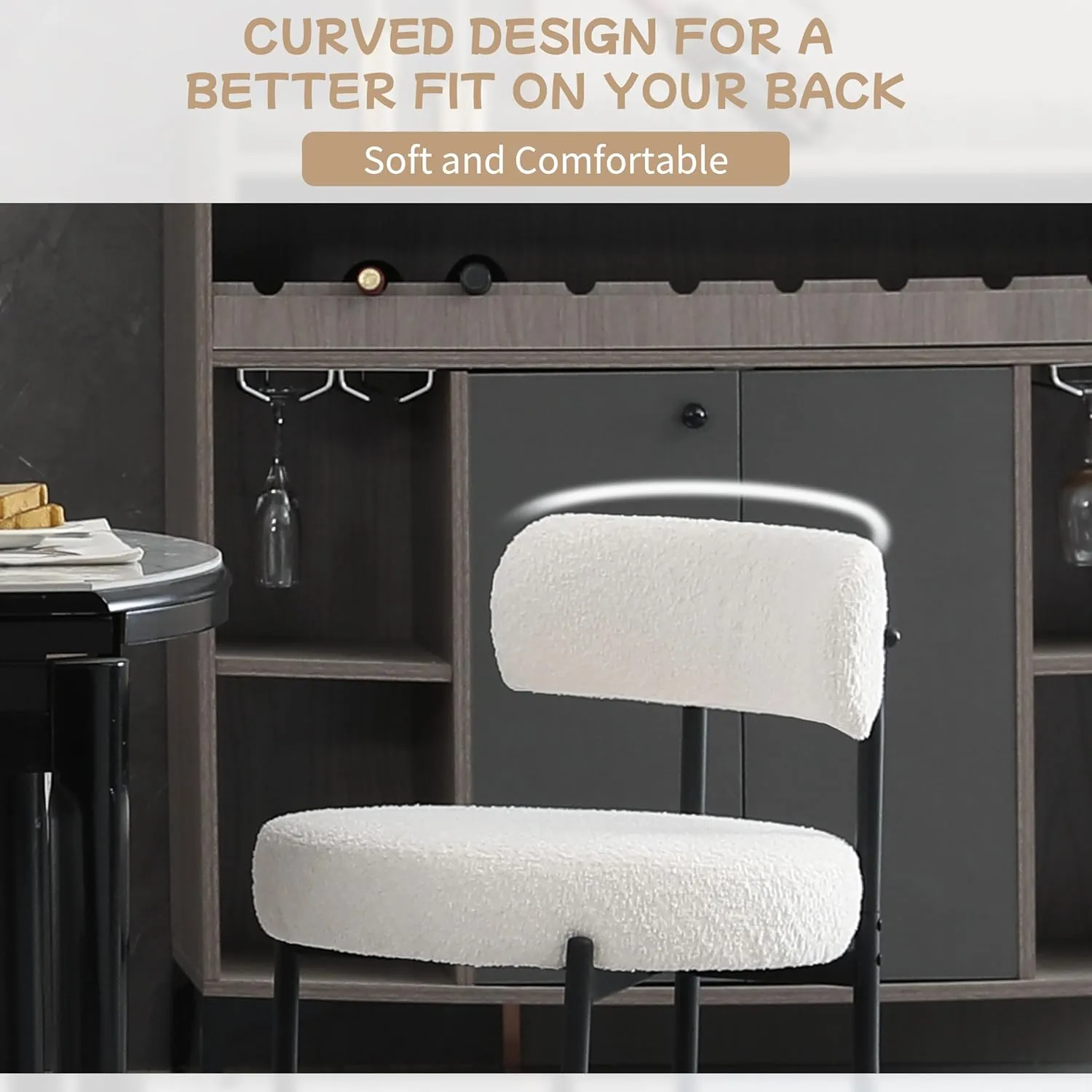 White Boucle Dining Chairs Set of 2,Upholstered Kitchen Dining Room Chairs, Mid-Century Modern Curved Backrest Chairs for Dining Room with Black Metal Legs