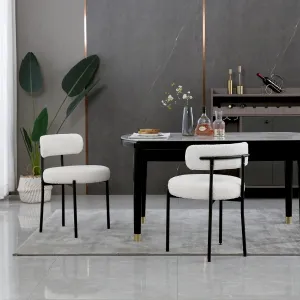 White Boucle Dining Chairs Set of 2,Upholstered Kitchen Dining Room Chairs, Mid-Century Modern Curved Backrest Chairs for Dining Room with Black Metal Legs