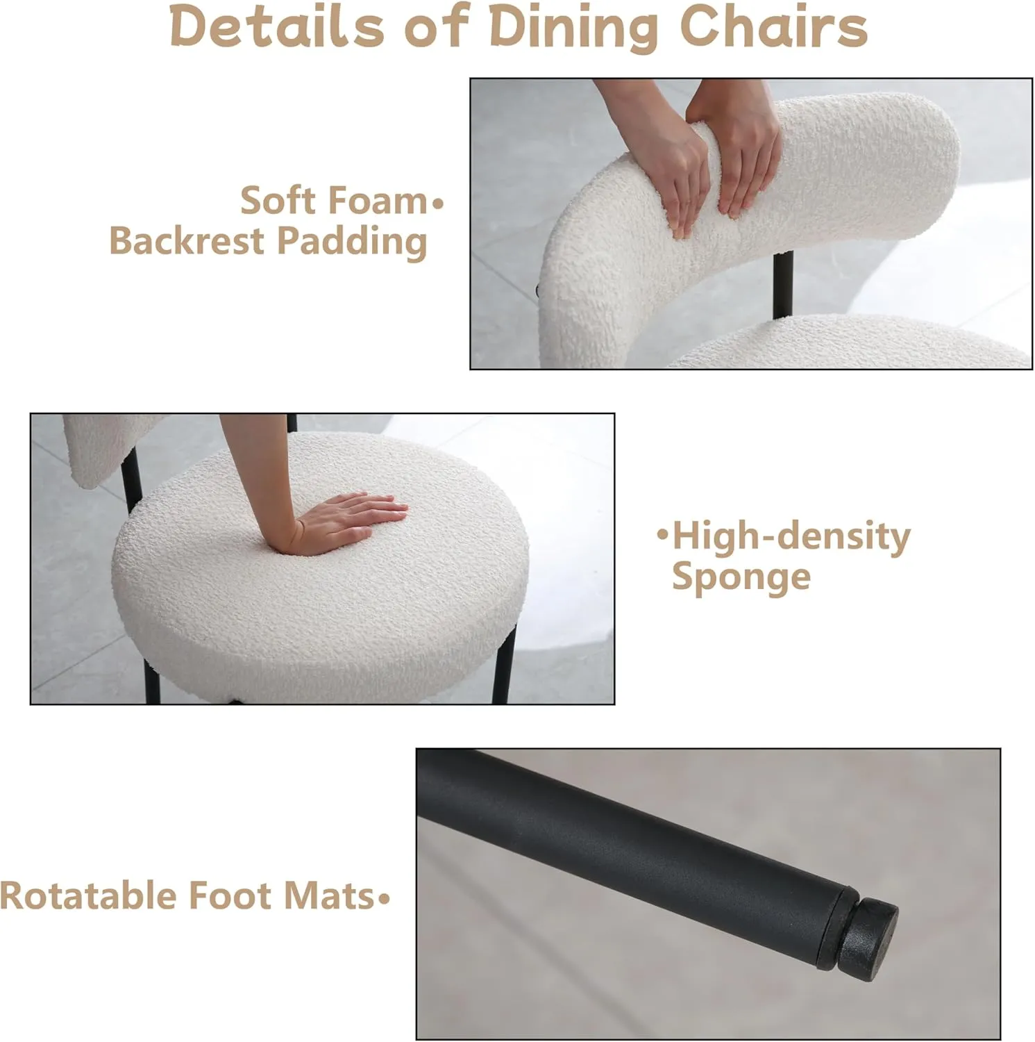 White Boucle Dining Chairs Set of 2,Upholstered Kitchen Dining Room Chairs, Mid-Century Modern Curved Backrest Chairs for Dining Room with Black Metal Legs