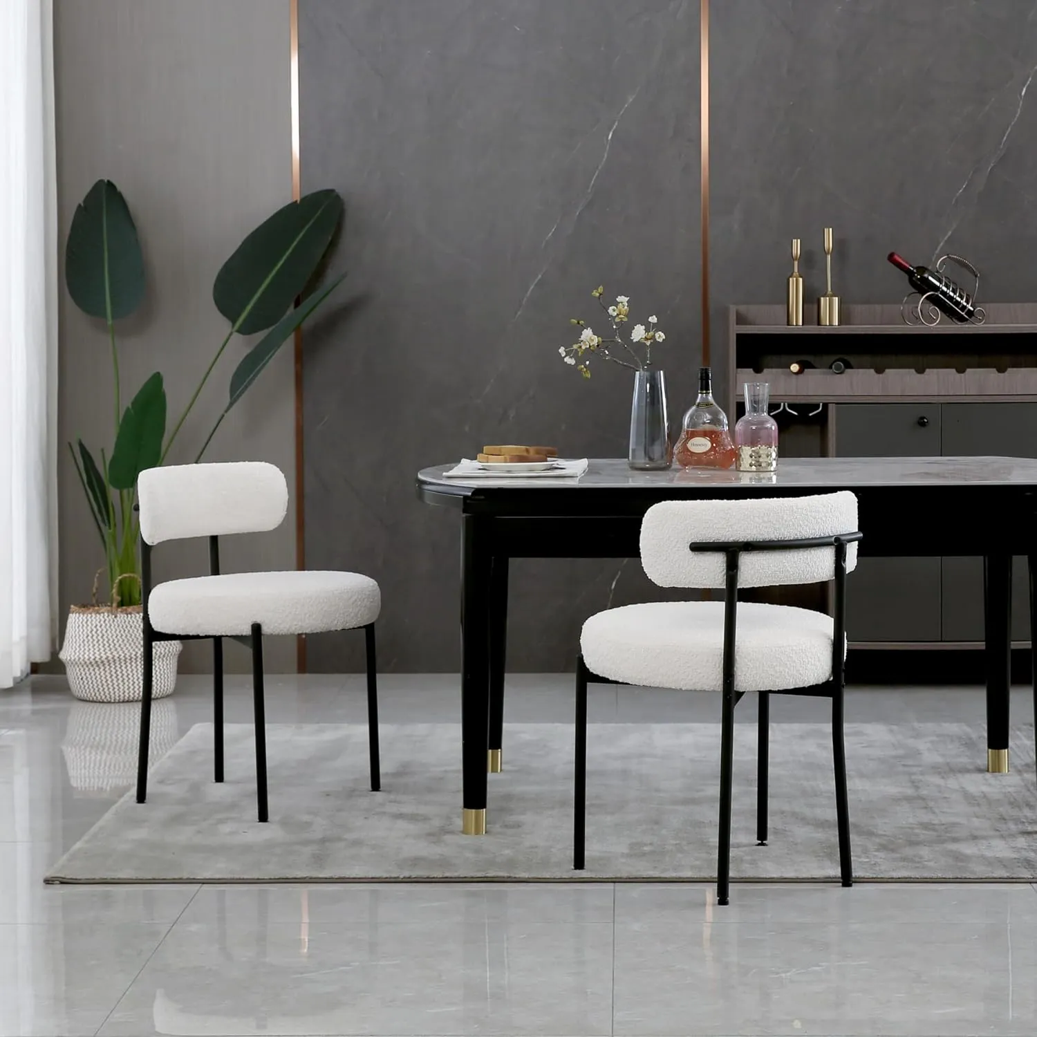 White Boucle Dining Chairs Set of 2,Upholstered Kitchen Dining Room Chairs, Mid-Century Modern Curved Backrest Chairs for Dining Room with Black Metal Legs