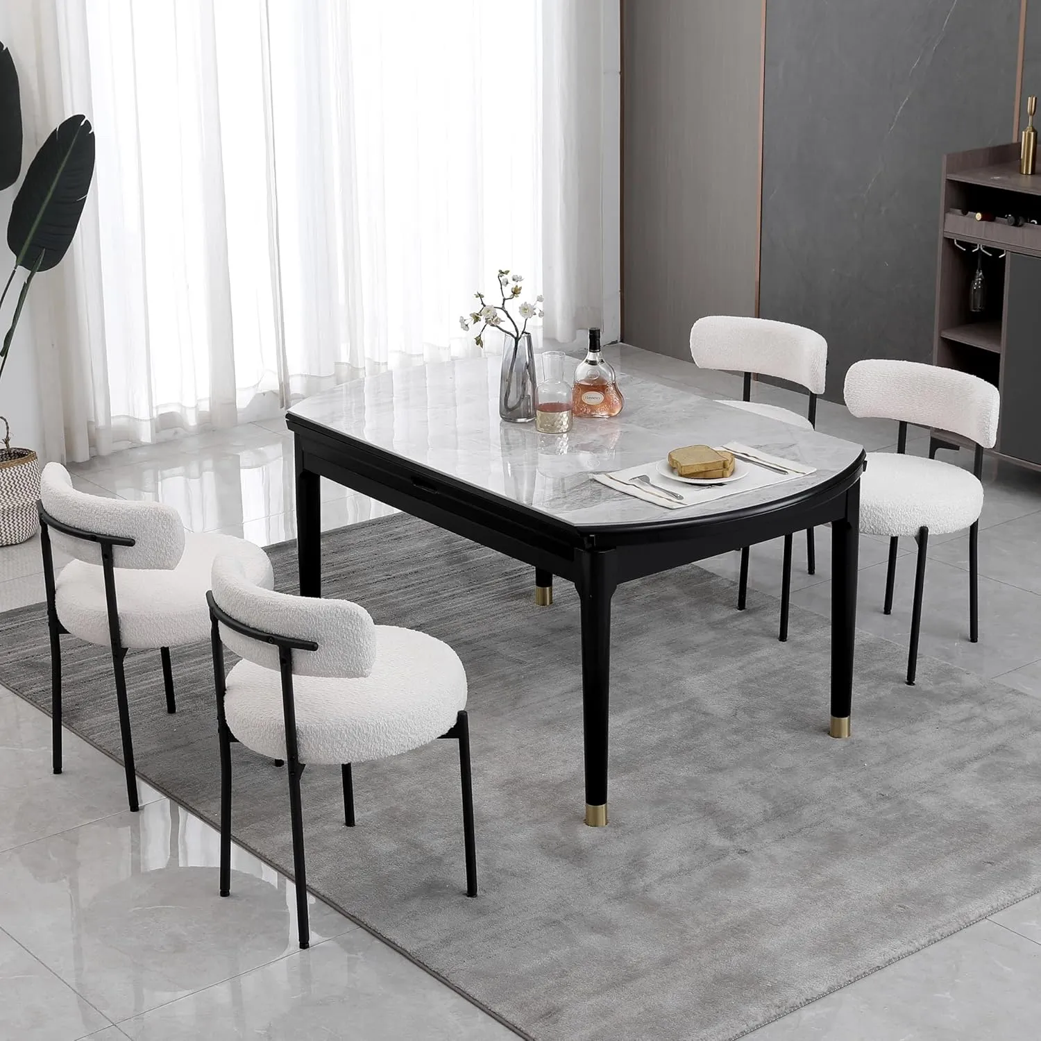 White Boucle Dining Chairs Set of 2,Upholstered Kitchen Dining Room Chairs, Mid-Century Modern Curved Backrest Chairs for Dining Room with Black Metal Legs