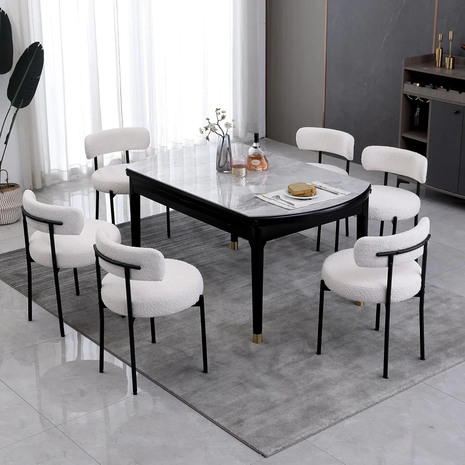 White Boucle Dining Chairs Set of 2,Upholstered Kitchen Dining Room Chairs, Mid-Century Modern Curved Backrest Chairs for Dining Room with Black Metal Legs