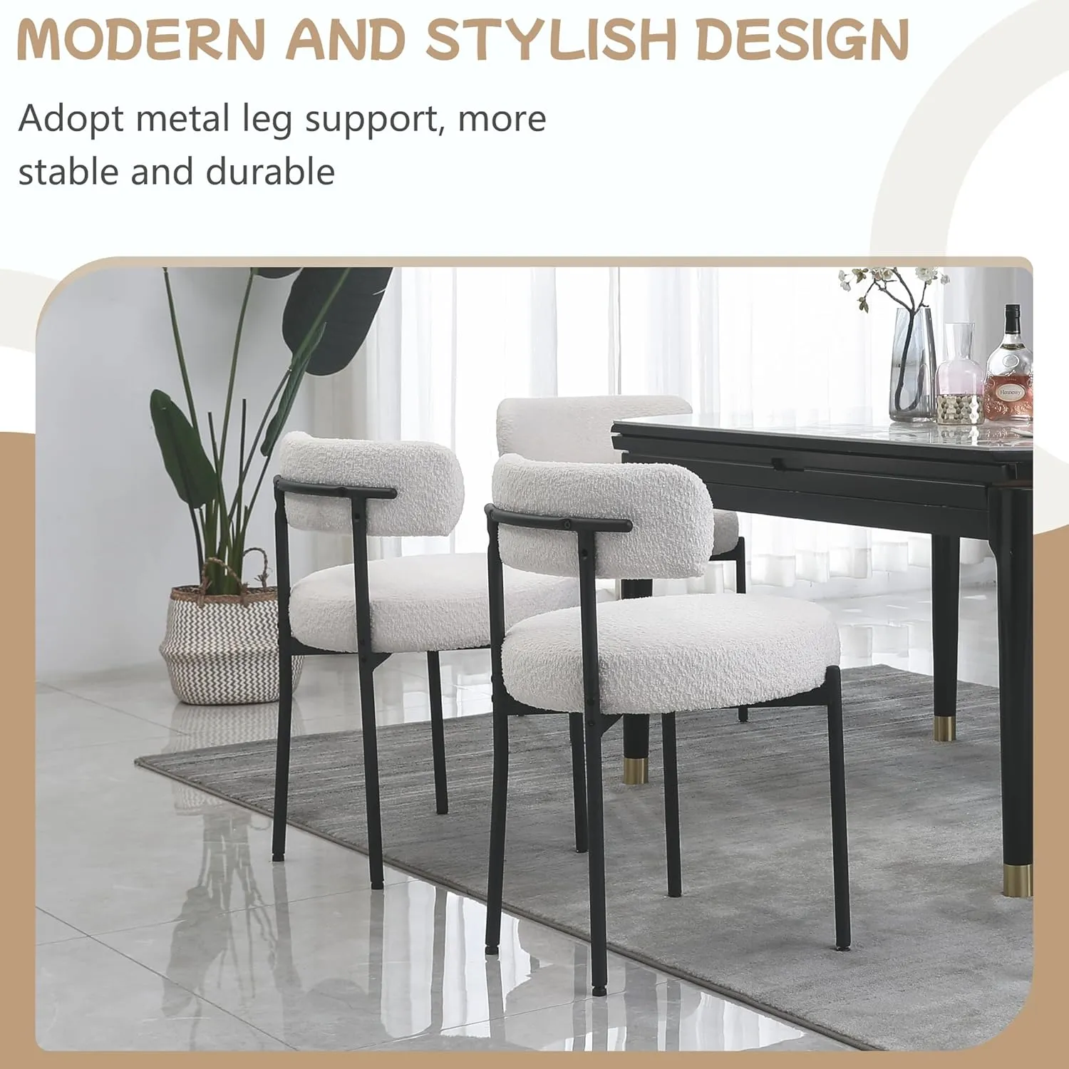 White Boucle Dining Chairs Set of 2,Upholstered Kitchen Dining Room Chairs, Mid-Century Modern Curved Backrest Chairs for Dining Room with Black Metal Legs