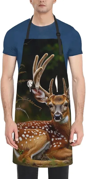 Whitetail Deer Fawn in Wilderness Stag Print Adjustable Bib Aprons for Men Women, Unisex Chef Apron with Pockets for Kitchen Cooking BBQ Baking Gardening