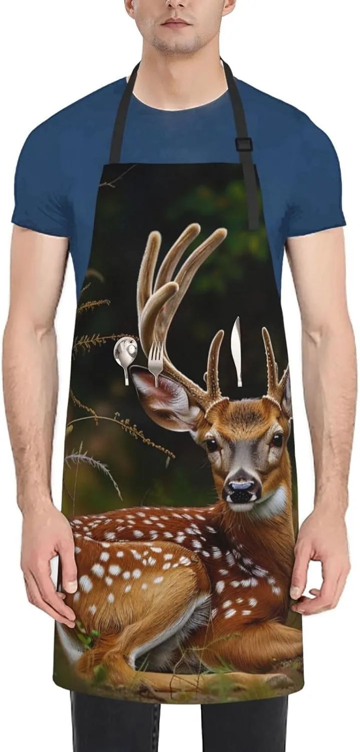 Whitetail Deer Fawn in Wilderness Stag Print Adjustable Bib Aprons for Men Women, Unisex Chef Apron with Pockets for Kitchen Cooking BBQ Baking Gardening