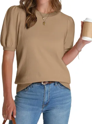WIHOLL Women's Puff Short Sleeve Sweater 2025 Spring Summer Tops Trendy Business Casual Outfits Work Blouses Clothes