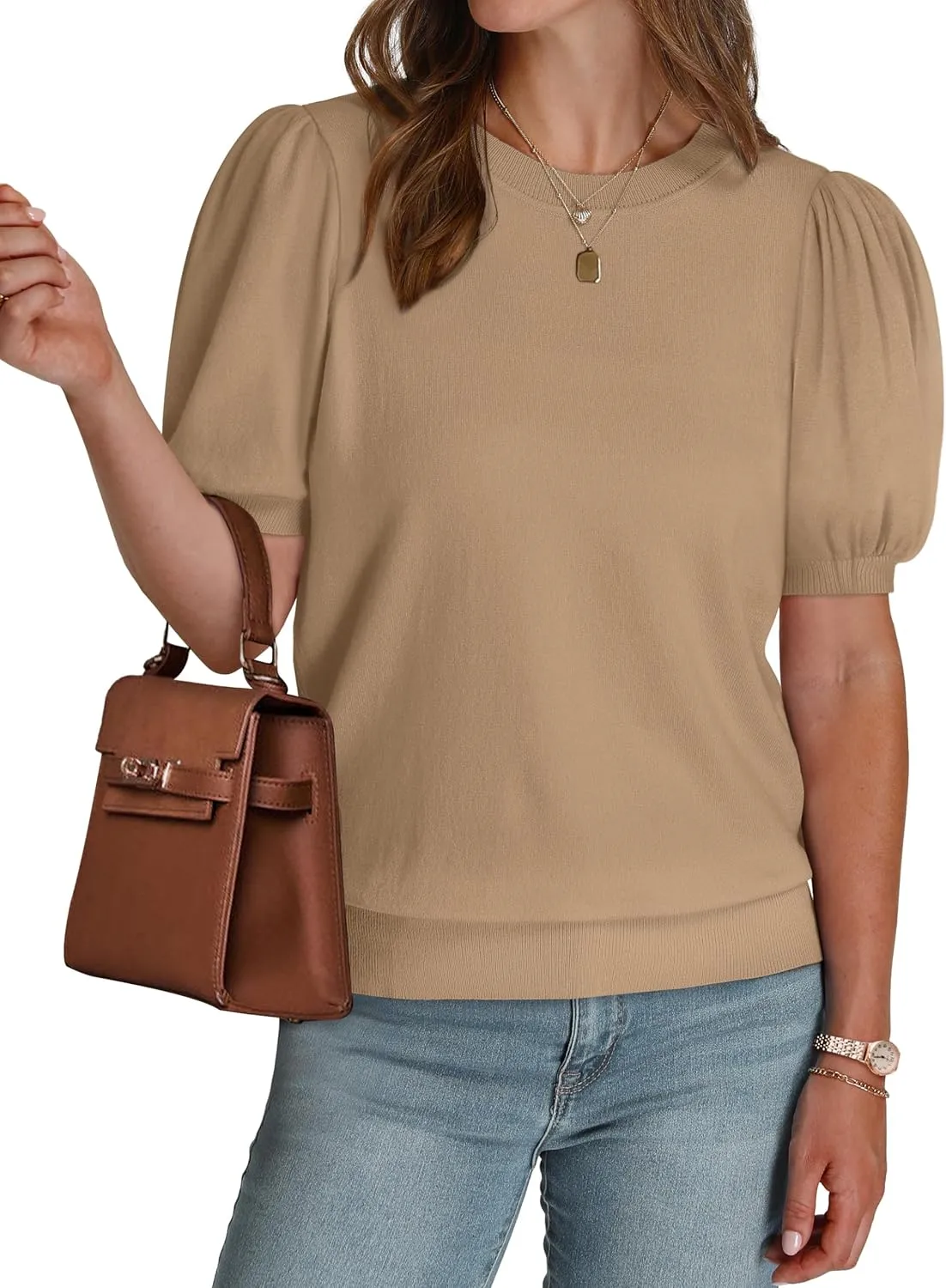 WIHOLL Women's Puff Short Sleeve Sweater 2025 Spring Summer Tops Trendy Business Casual Outfits Work Blouses Clothes