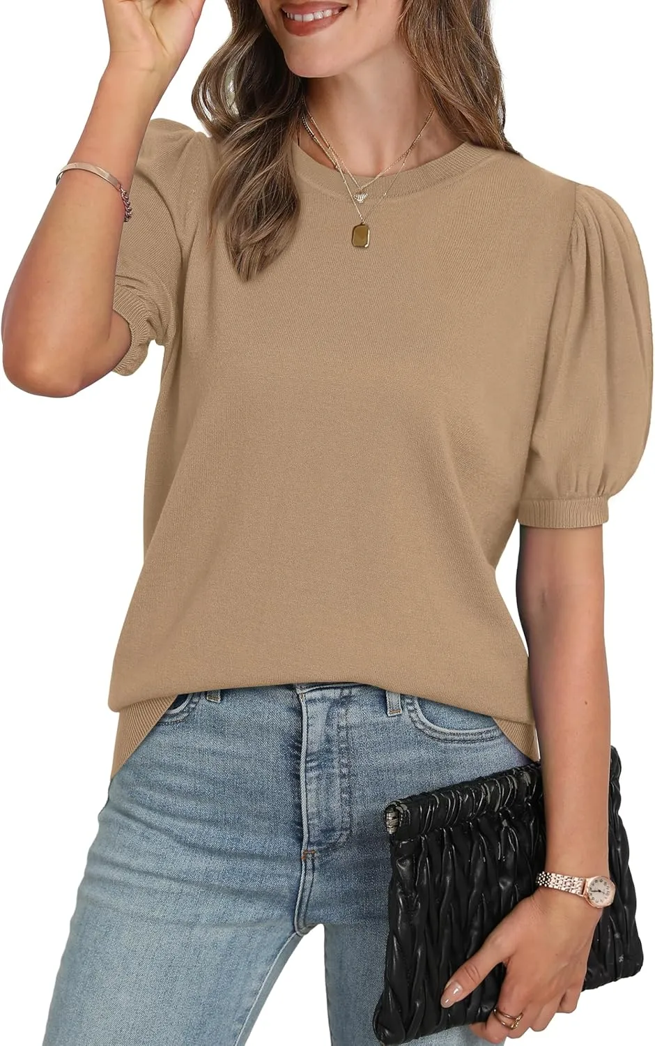 WIHOLL Women's Puff Short Sleeve Sweater 2025 Spring Summer Tops Trendy Business Casual Outfits Work Blouses Clothes