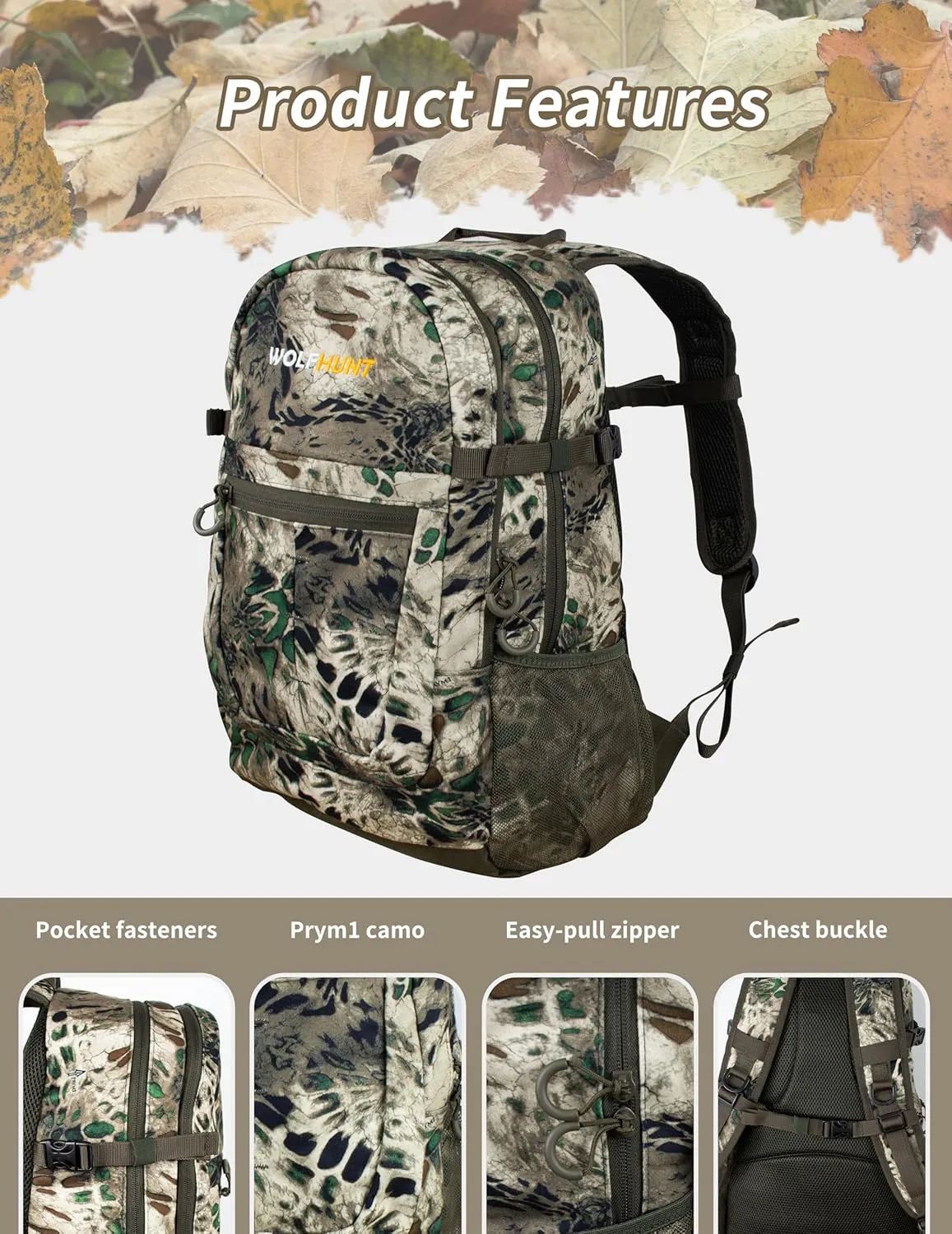 WOLFHUNT Hunting Backpack for Men, Medium Camouflage Hunting Pack Hiking Day Pack for Hiking, Fishing, Shooting, 24 L, Prym1 MP