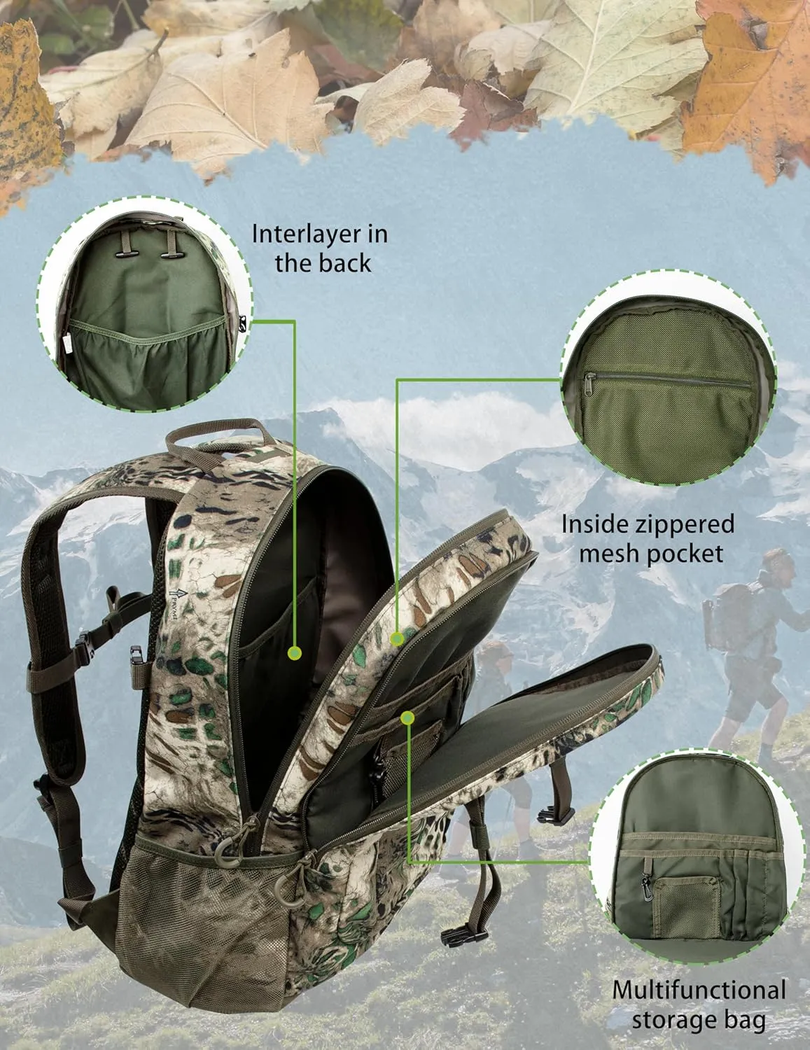 WOLFHUNT Hunting Backpack for Men, Medium Camouflage Hunting Pack Hiking Day Pack for Hiking, Fishing, Shooting, 24 L, Prym1 MP