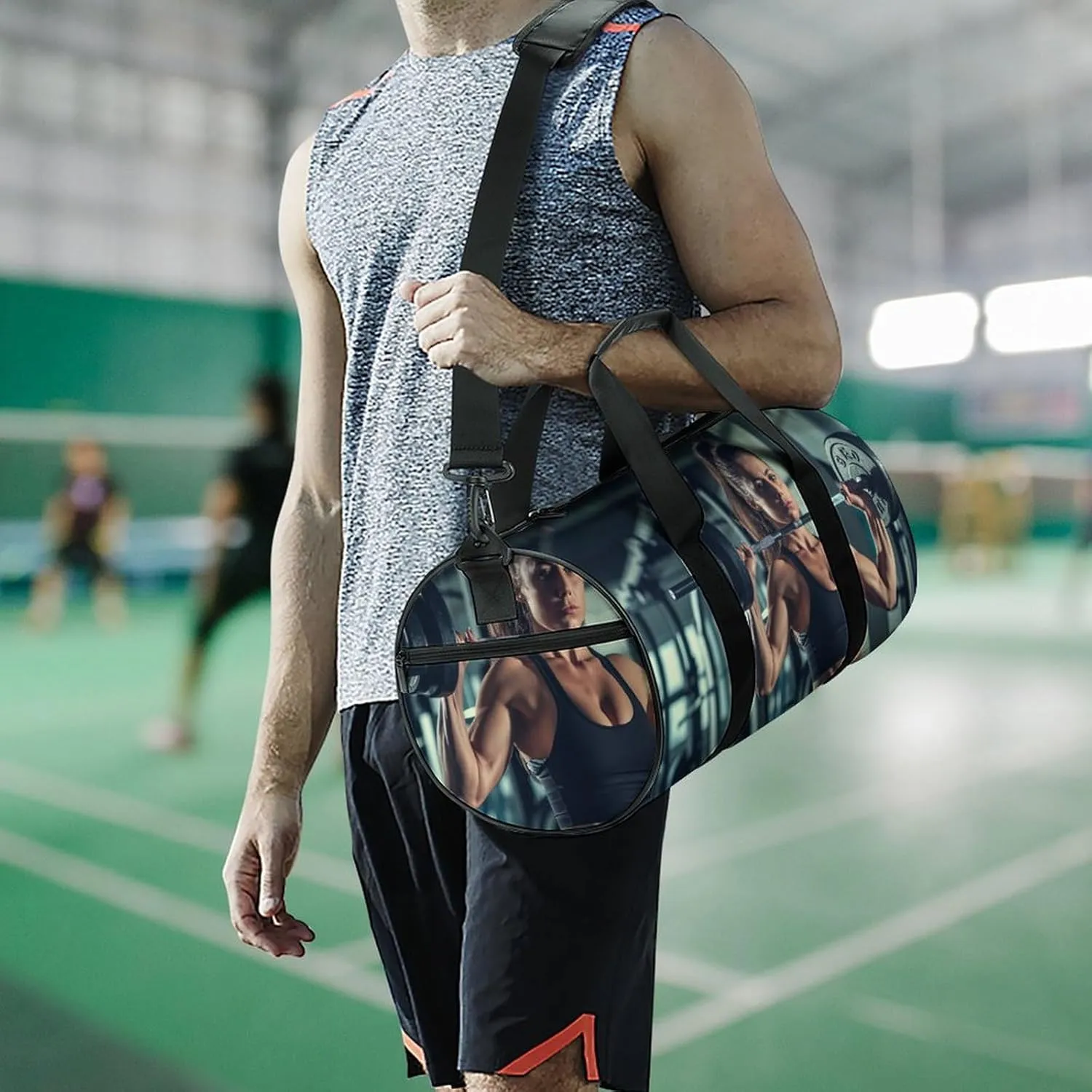 Woman Lifting Heavy Weights in Gym Travel Gym Bag for Women Men Sports Cylindrical Duffle Bag Sport Workout Bag with Shoulder Strap