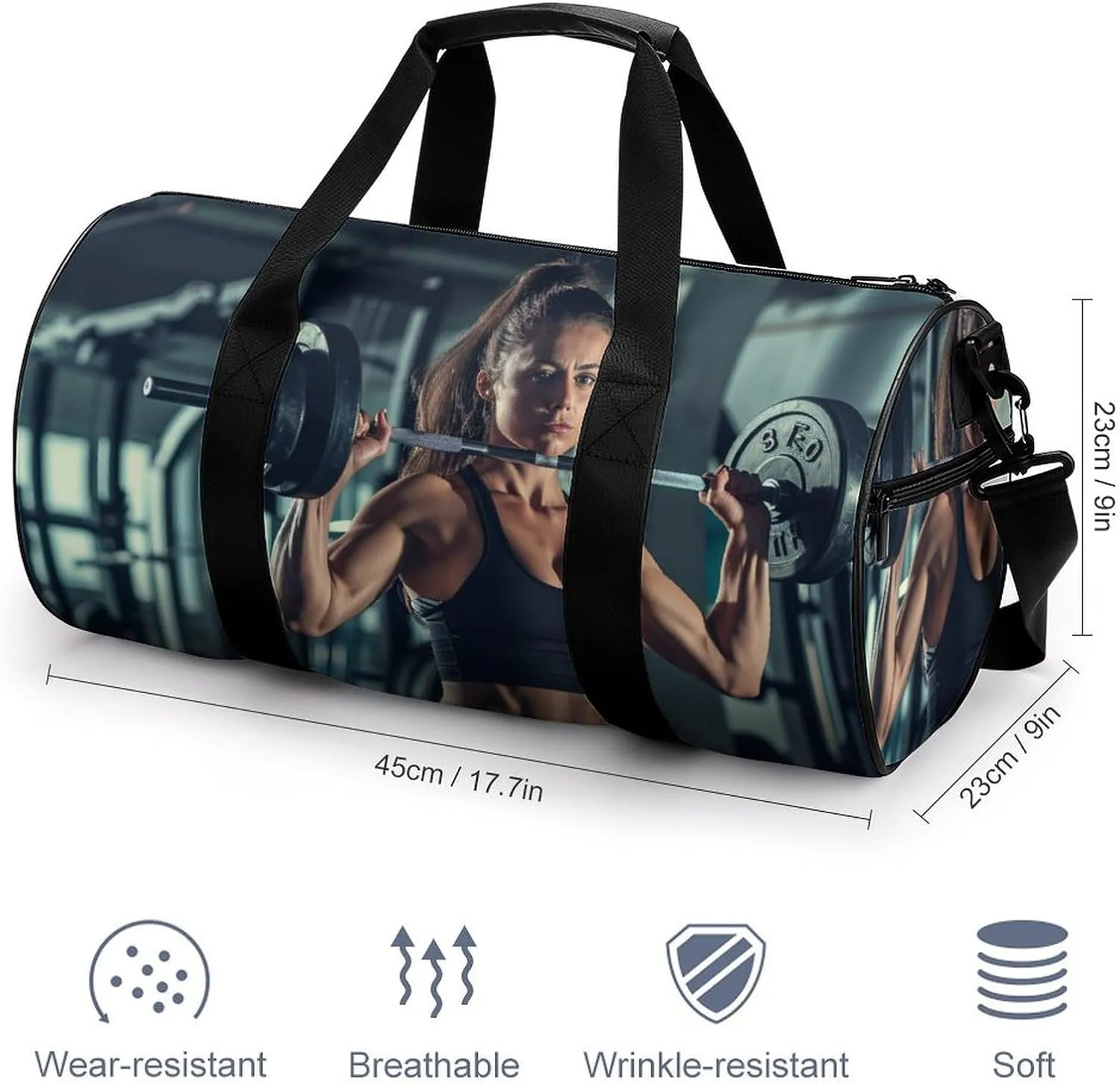 Woman Lifting Heavy Weights in Gym Travel Gym Bag for Women Men Sports Cylindrical Duffle Bag Sport Workout Bag with Shoulder Strap