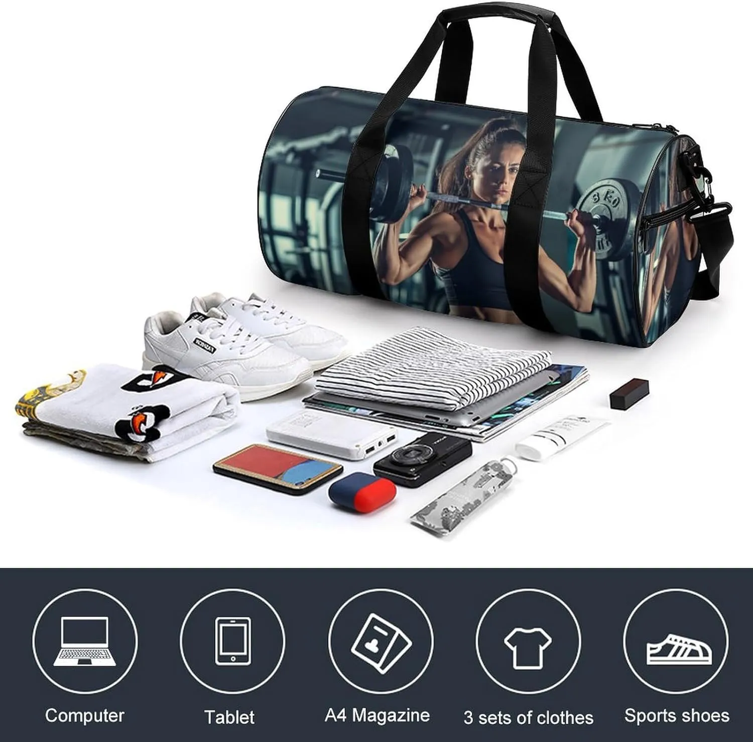 Woman Lifting Heavy Weights in Gym Travel Gym Bag for Women Men Sports Cylindrical Duffle Bag Sport Workout Bag with Shoulder Strap