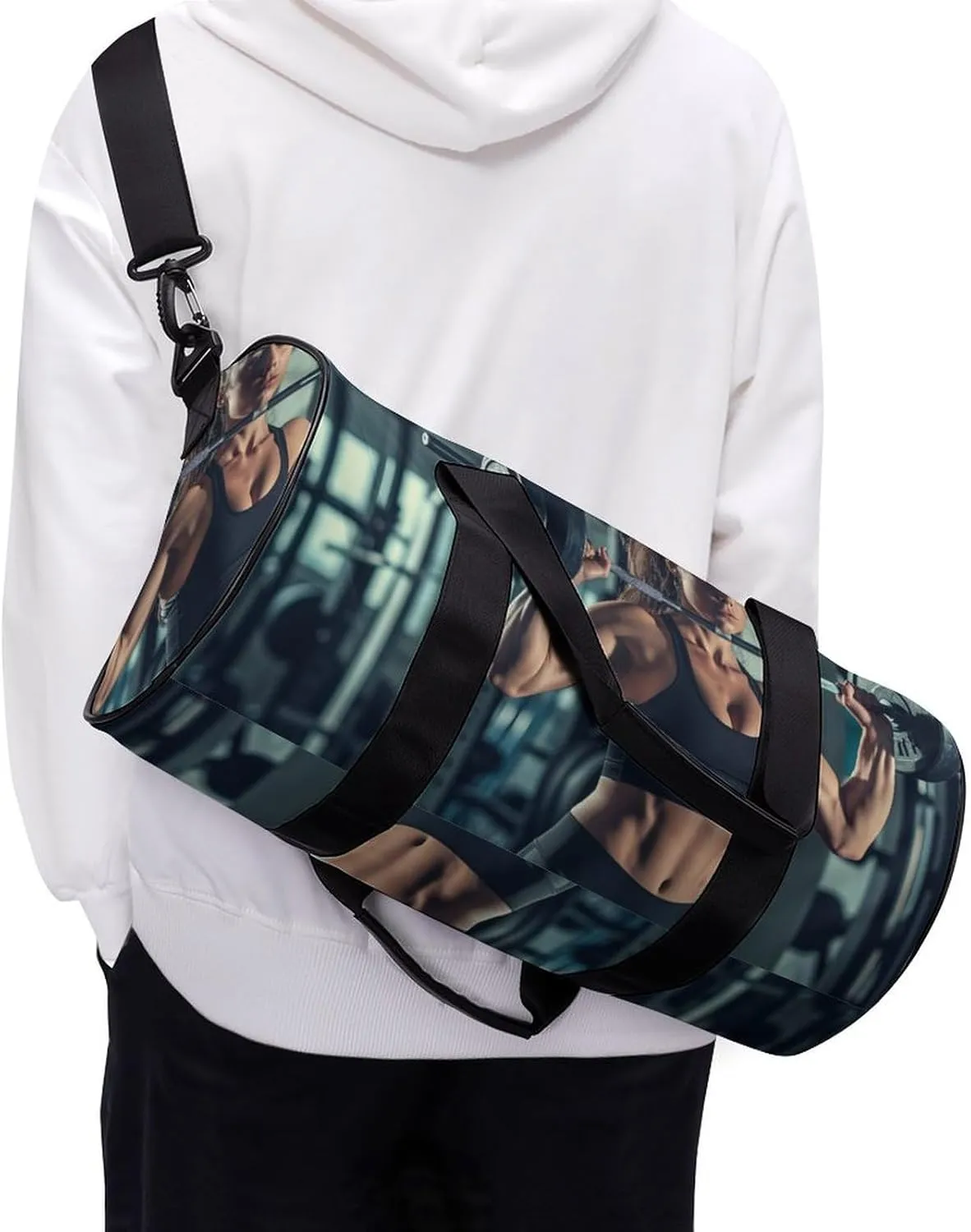 Woman Lifting Heavy Weights in Gym Travel Gym Bag for Women Men Sports Cylindrical Duffle Bag Sport Workout Bag with Shoulder Strap