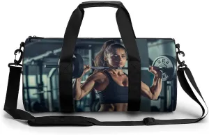 Woman Lifting Heavy Weights in Gym Travel Gym Bag for Women Men Sports Cylindrical Duffle Bag Sport Workout Bag with Shoulder Strap