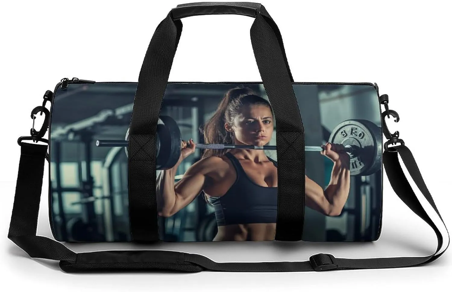 Woman Lifting Heavy Weights in Gym Travel Gym Bag for Women Men Sports Cylindrical Duffle Bag Sport Workout Bag with Shoulder Strap