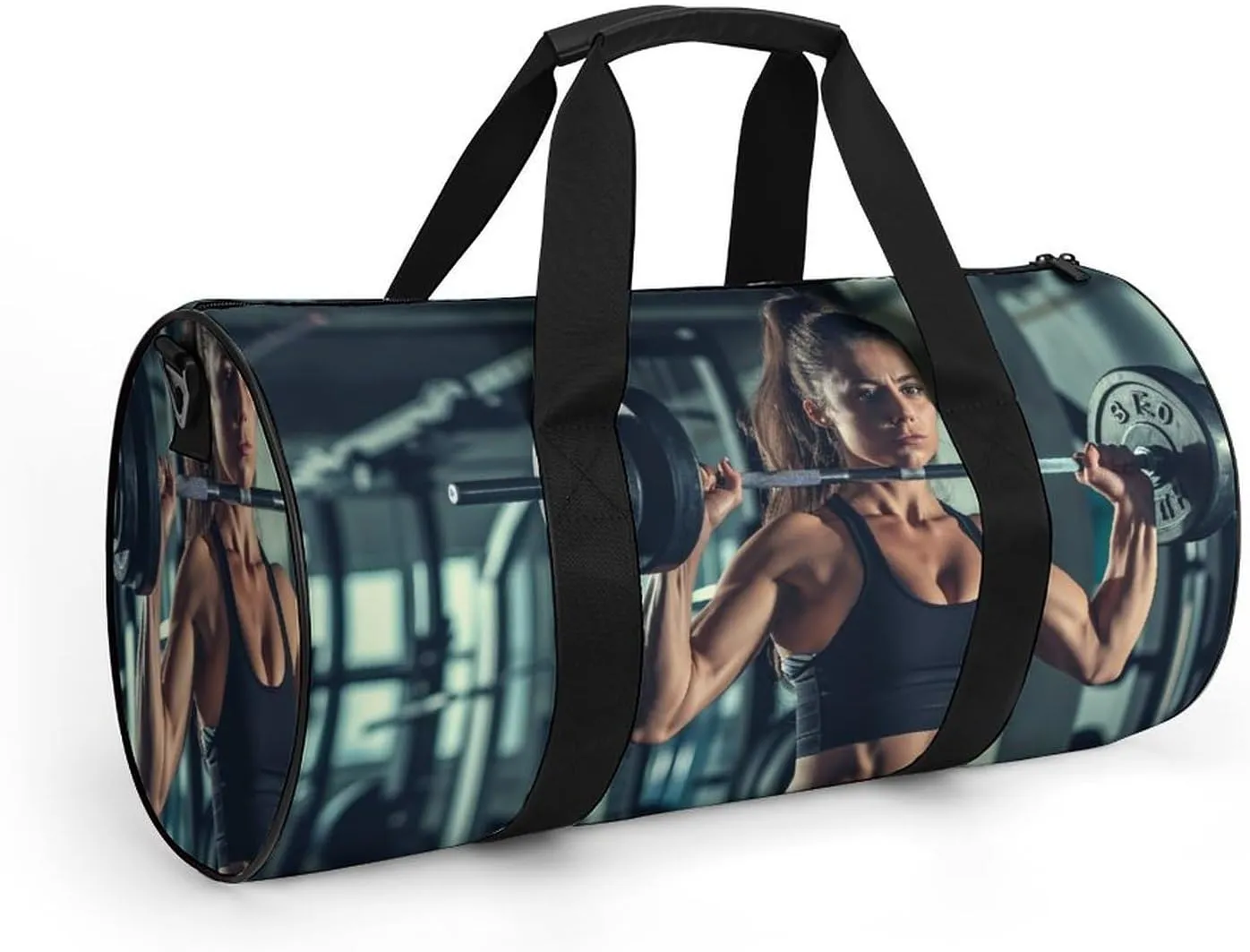 Woman Lifting Heavy Weights in Gym Travel Gym Bag for Women Men Sports Cylindrical Duffle Bag Sport Workout Bag with Shoulder Strap
