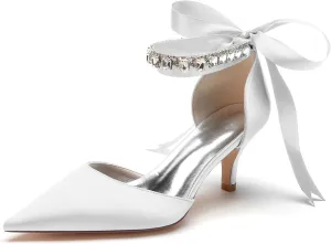 Women Crystals Satin Ribbon Tie Wedding Shoes Pointed Toe Prom Formal Party Dress Pumps Kitten Heel Bridal Shoes